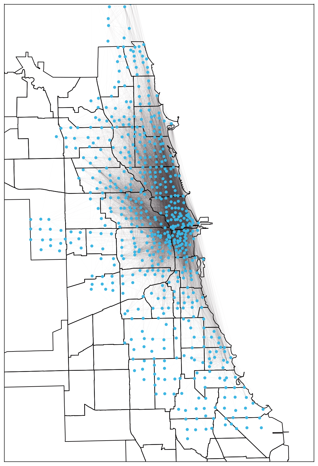 Network graph of Chicago Divvy bike stations and trips (April 2021)